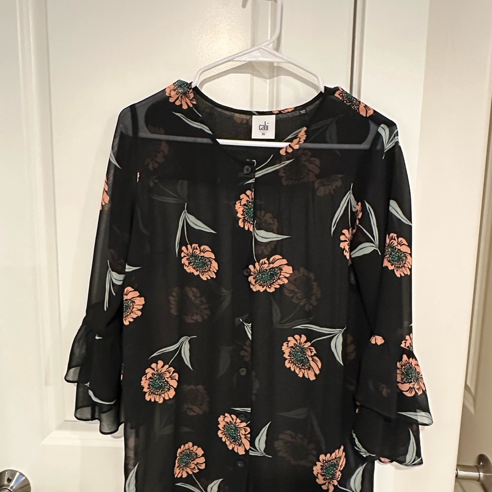 CAbi Black and Orange Ruffled Blouse with Bell Sleeves
